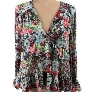 Cinq A Sept Womens XS Top Deep V Neck Ruffles Elastic Puff Sleeve Floral Cottagy